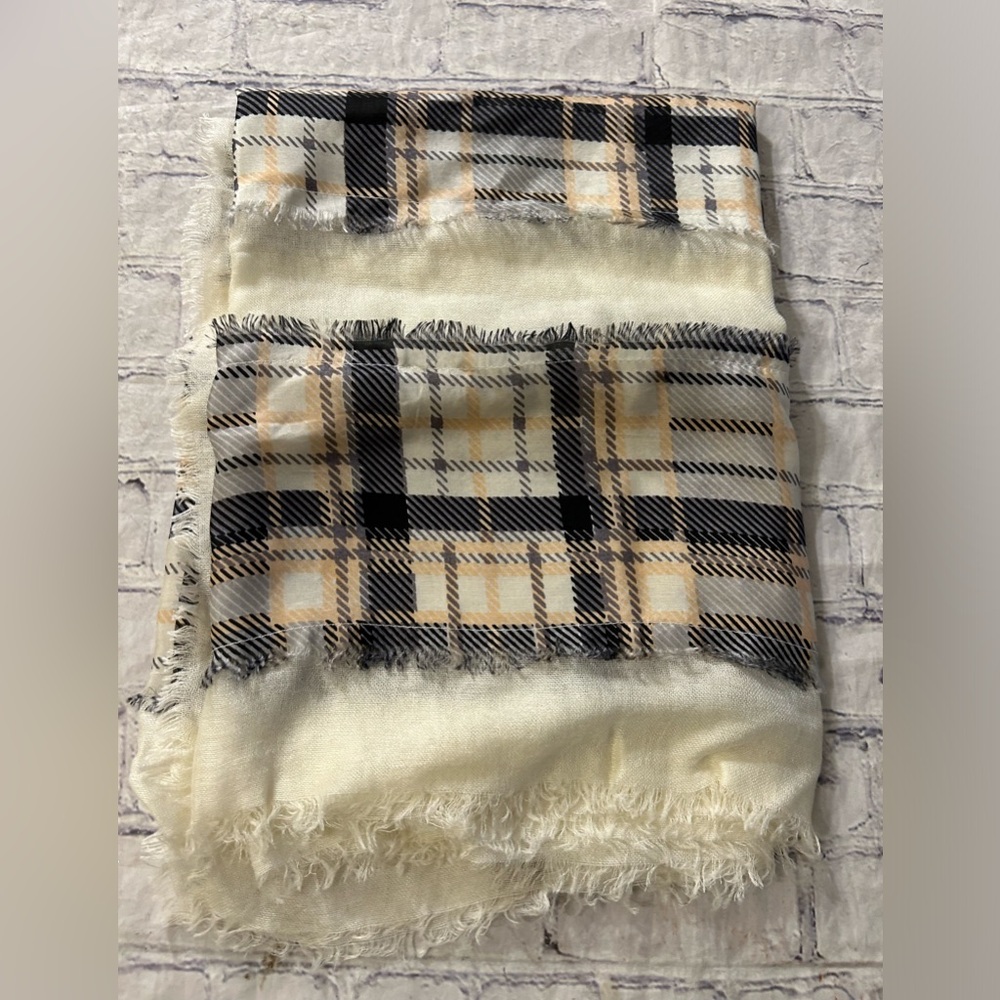 ROSE & ROSE BOHO CHIC CREAM/GREY/BLACK/PINK BLUSH PLAID OBLONG SCARF